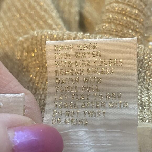 Cache Gold Metallic Pearl Embellished Mock Neck Sweater M Back Zip Beaded Knit - Picture 5 of 11